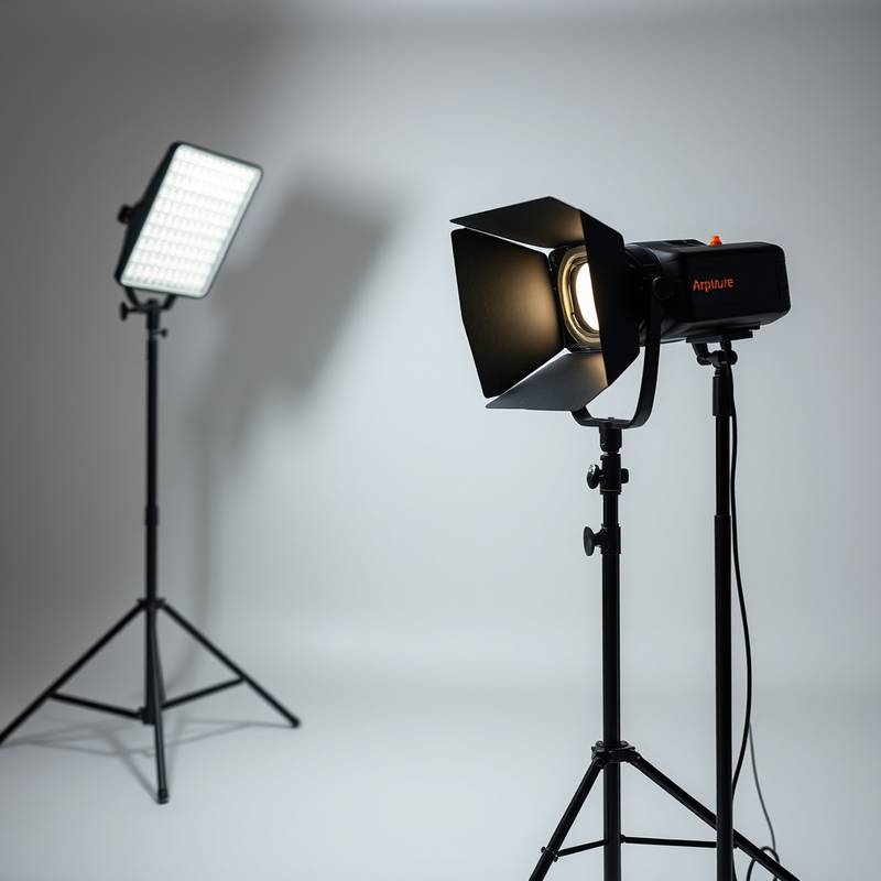 Aputure Amaran 100d LED-Leuchte auf einem Stativ in einem Studio.