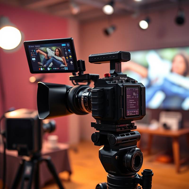 Blackmagic Pocket Cinema Camera 6K Pro mit externem Monitor und Audio-Setup.