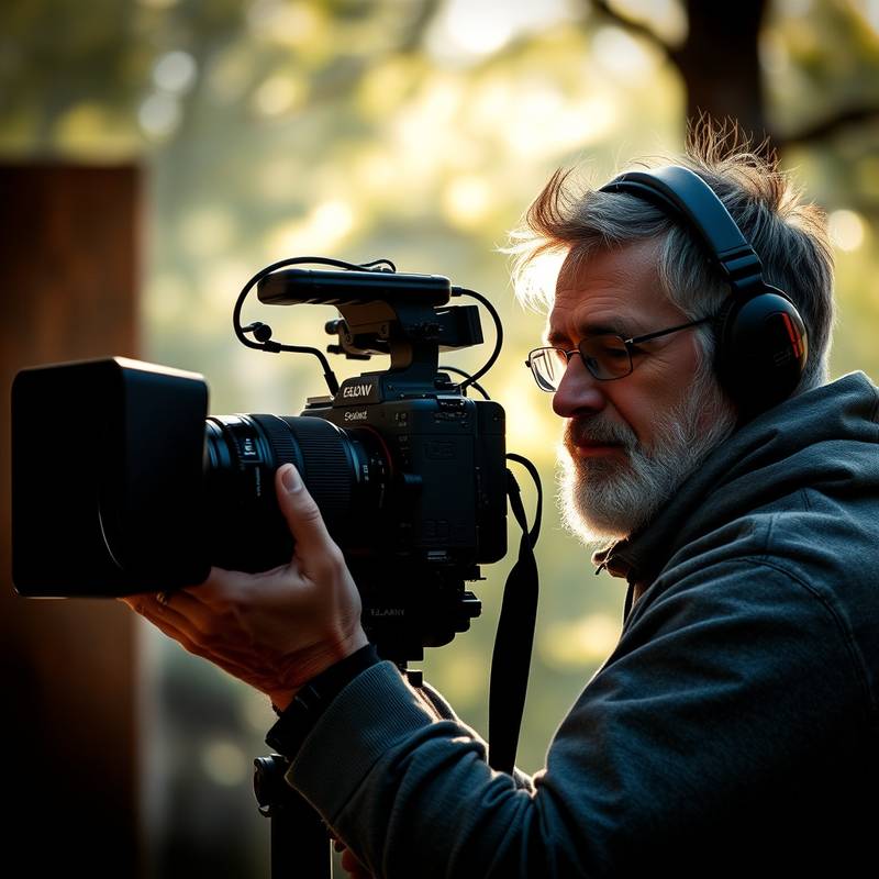 Ein Filmemacher, der mit einer Kamera in einer natürlichen Umgebung einen Dokumentarfilm dreht.
