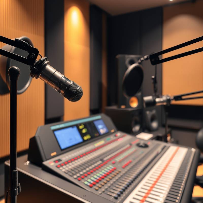Ein professionelles Tonstudio mit Mikrofonen, Mischpulten und akustischen Dämpfungselementen.