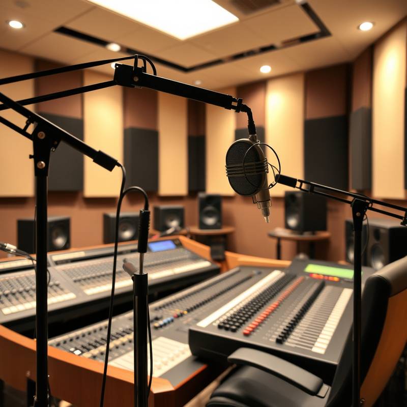 Ein professionelles Tonstudio mit Mikrofonen, Mischpulten und akustischen Dämpfungselementen.