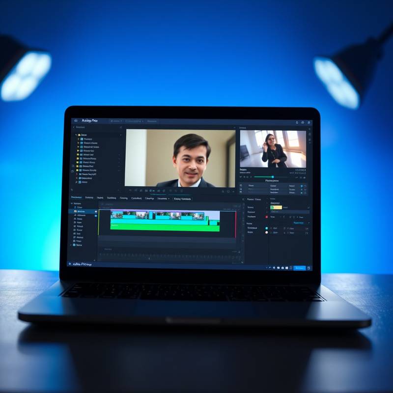 Ein Screenshot der Adobe Premiere Pro Bearbeitungssoftware auf einem Laptop-Bildschirm, der eine Person zeigt, die Videos bearbeitet.