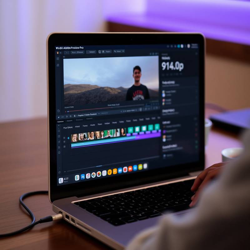 Ein Screenshot der Adobe Premiere Pro Bearbeitungssoftware auf einem Laptop-Bildschirm, der eine Person zeigt, die Videos bearbeitet.