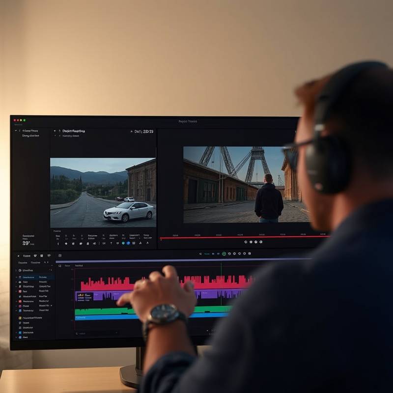 Ein Screenshot der DaVinci Resolve Bearbeitungssoftware, die eine farbkorrigierte Videoszene zeigt.