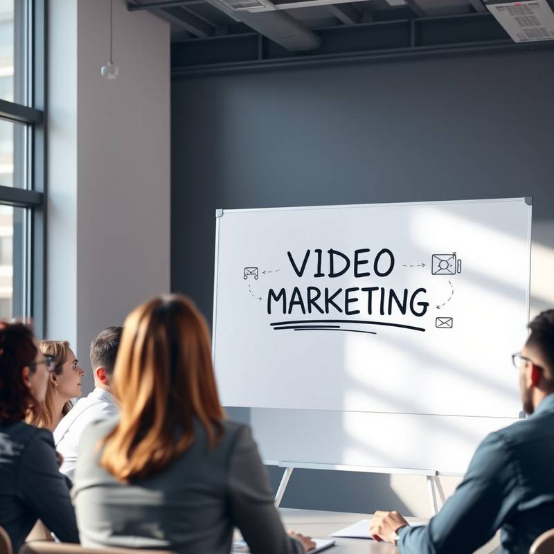 Eine Person, die ein Video-Marketing-Konzept auf einem Whiteboard präsentiert, umgeben von Teammitgliedern.
