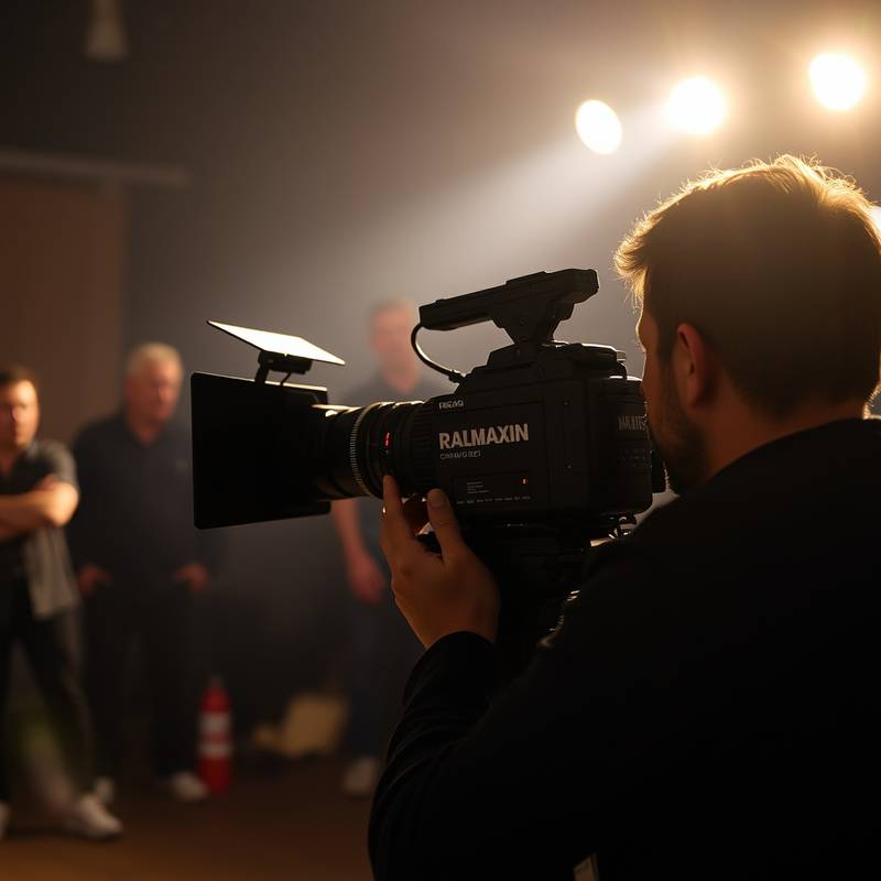 Eine Person, die hinter einer professionellen Filmkamera steht und eine Szene filmt.