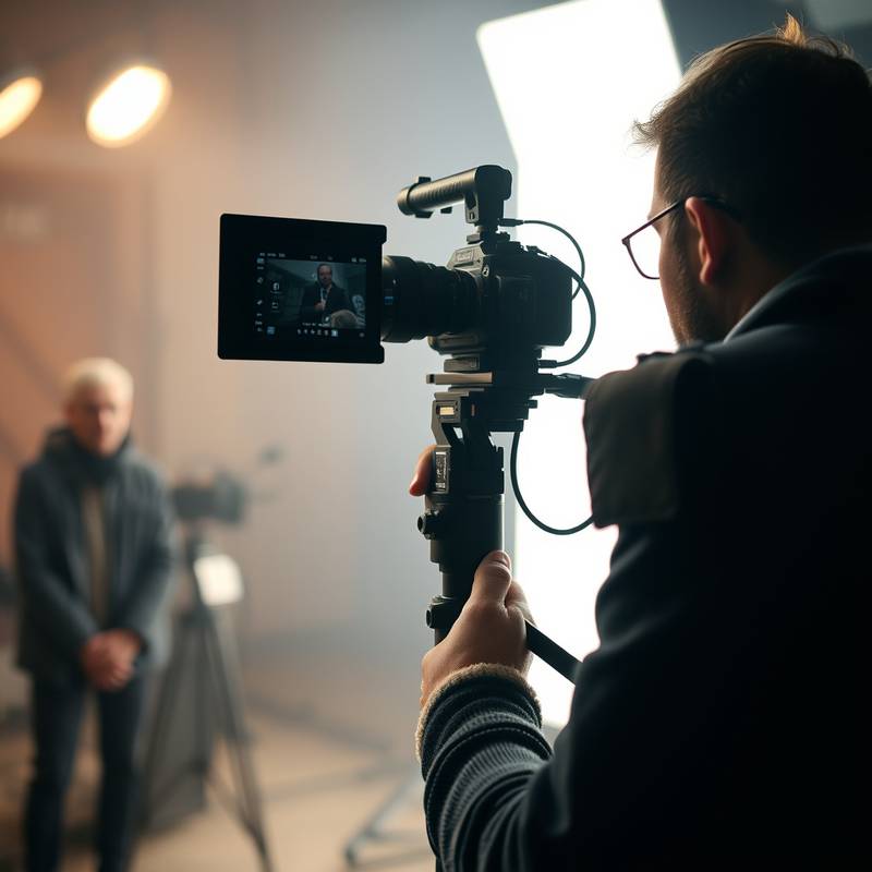 Eine Person, die hinter einer professionellen Filmkamera steht und eine Szene filmt.