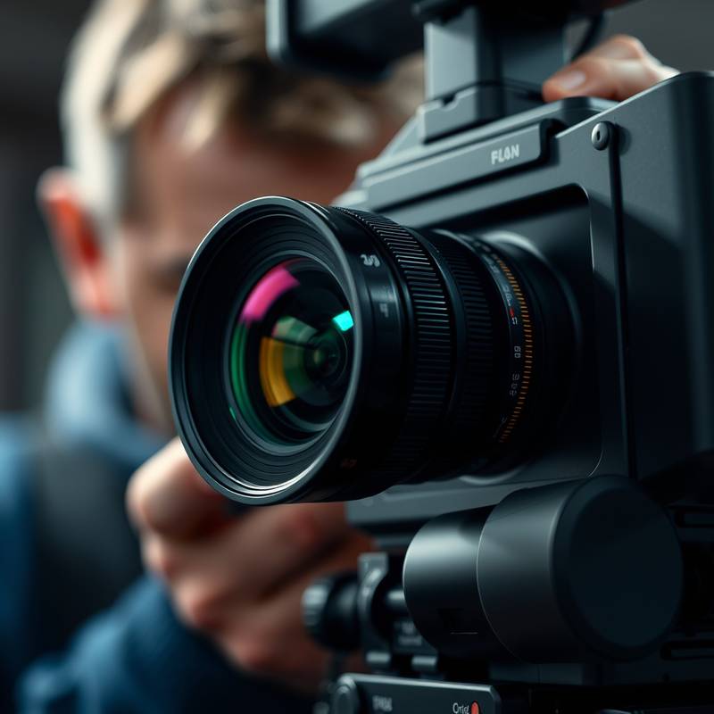 Nahaufnahme einer professionellen Filmkamera mit einem Zoomobjektiv und einem Bediener, der die Einstellungen anpasst.