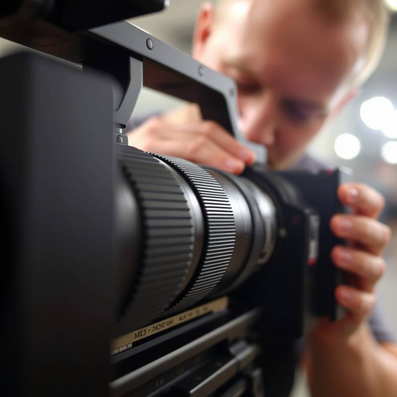 Nahaufnahme einer professionellen Filmkamera mit einem Zoomobjektiv und einem Bediener, der die Einstellungen anpasst.