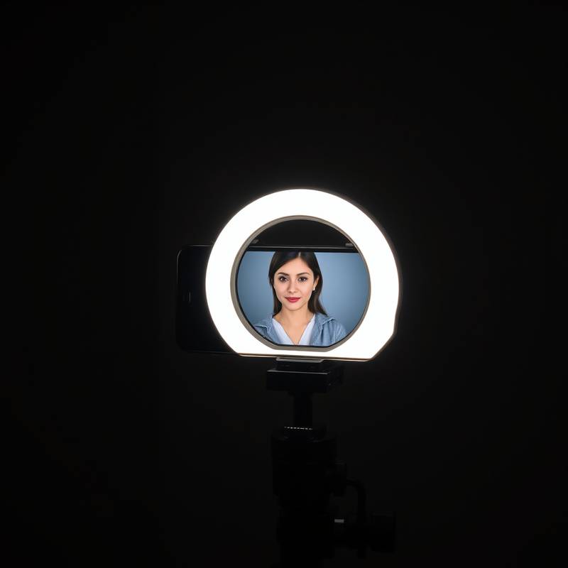 Neewer Ringlicht mit einem Smartphone in der Mitte, das für Vlogs und Selfies verwendet wird.